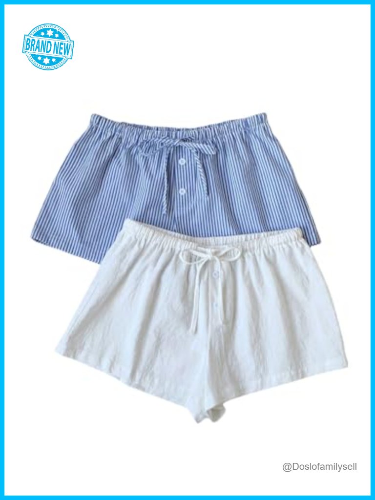 Striped Linen Mini Shorts, Drawstring Waist, Button Front, 2-Pack